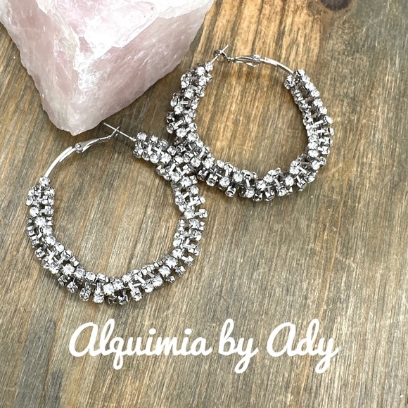 Oversized big silver rhinestones hoops earrings/chunky /bohemian /maximalist - Picture 1 of 4